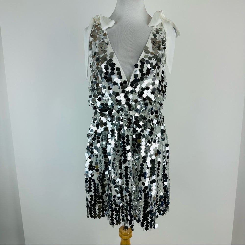 Buddy Love Silver Sequin A-Line Mini Dress with White Tie Straps - Picture 2 of 15